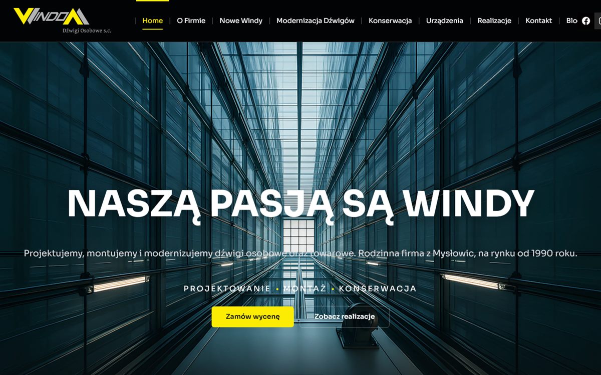 Strona główna windom.com.pl z hasłem „Naszą pasją są windy”