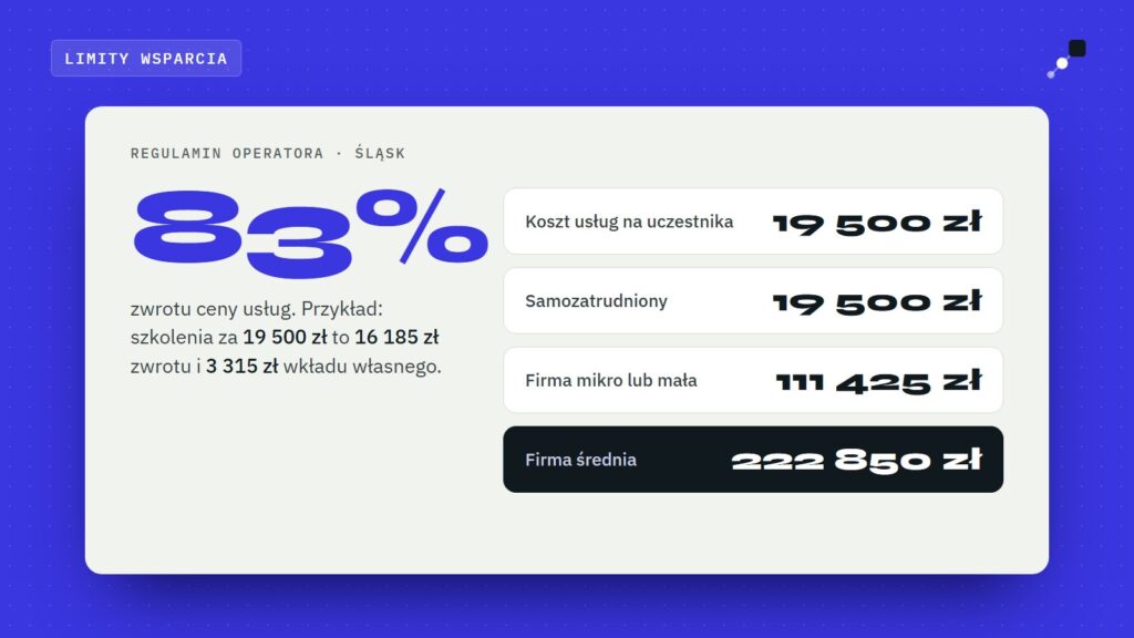 Limity wsparcia: 19 500 zł na uczestnika, 111 425 zł dla firmy mikro lub małej, 222 850 zł dla średniej